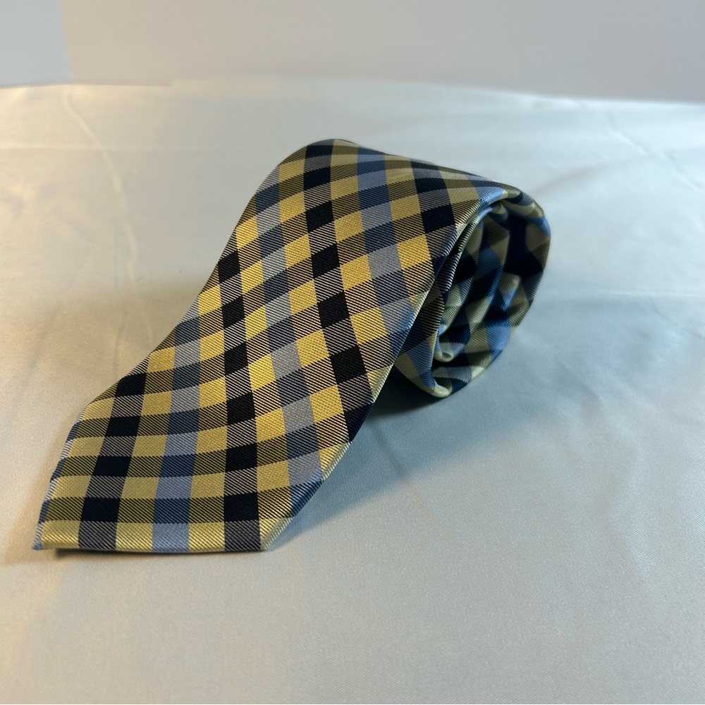 Tommy Hilfiger Yellow and Navy Check Plaid Men’s Tie, 100 % Silk
